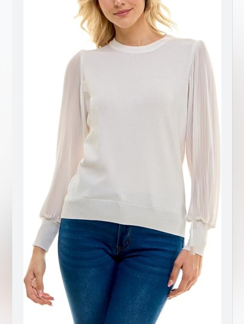 NWT! Zac & Rachel White Mixed Media Sweater Top Pleated Sheer Sleeve Size Large